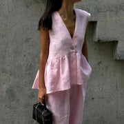 Women Sleeveless V Neck Top Two Piece Summer Set With Straight Pants