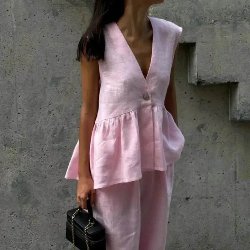 Women Sleeveless V Neck Top Two Piece Summer Set With Straight Pants