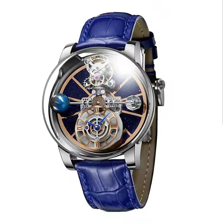 PINDU Design men's wristwatch by Simples Market, transparent skeleton dial with blue leather strap.