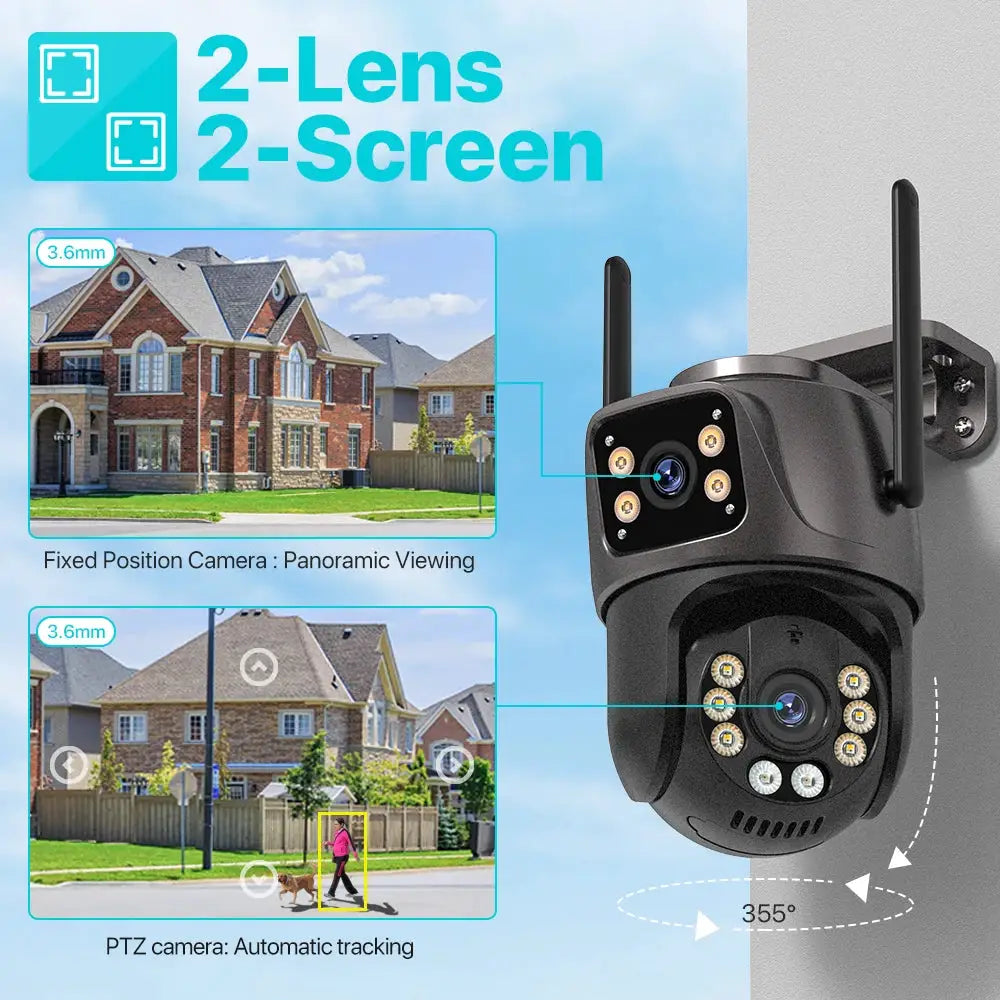 4K 8MP HD WiFi PTZ Outdoor Camera With Dual Lens And Dual Screen AI Auto Tracking IP CCTV Night Vision P2P iCSee