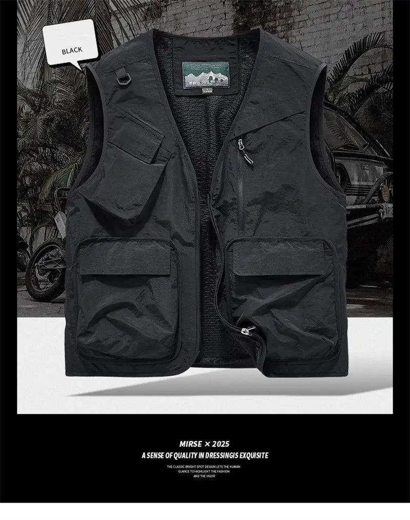 Men's black sleeveless vest with multiple cargo pockets and a zippered chest pocket