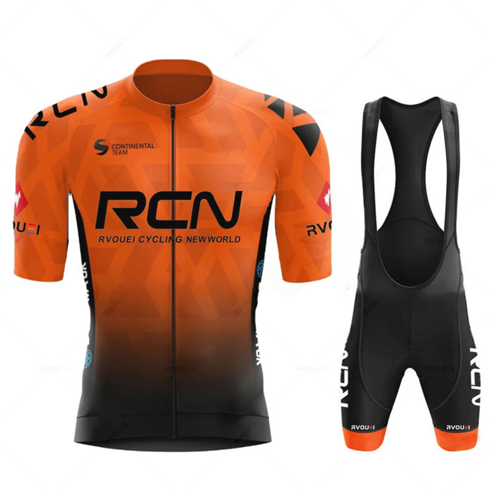 Cycling jersey and bib shorts two-piece set in orange to black gradient; breathable RVOUei road kit.