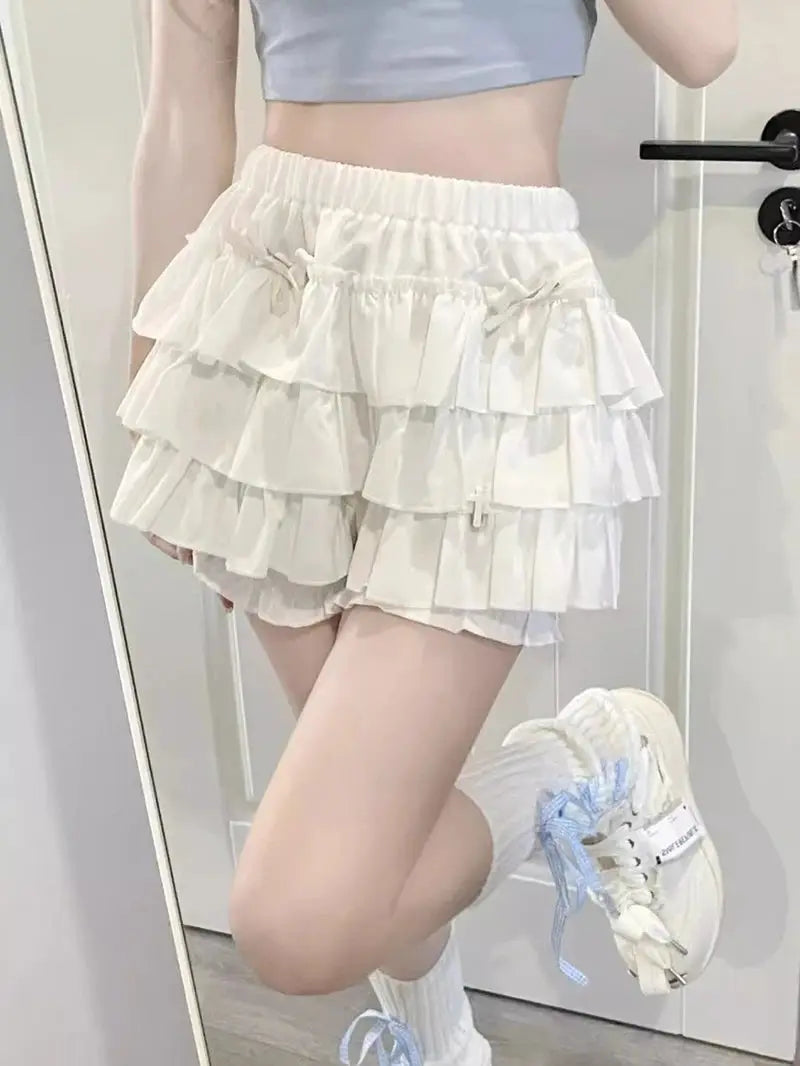 MEXZT Y2K sweet ruffles mini skirt, white tiered high-waist A-line with elastic waistband