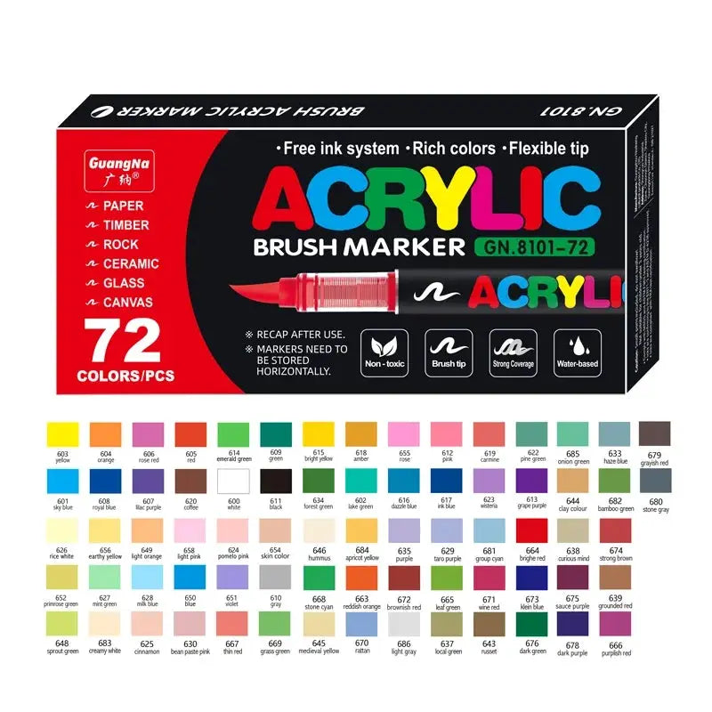 GuangNa acrylic brush marker set, 72 colors, waterproof, soft brush nib for glass, stone, metal, wood, plastic & paper