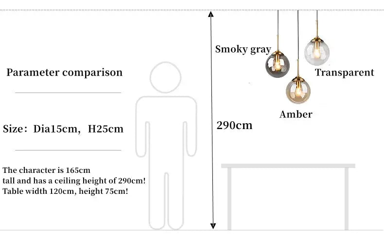 Modern metal chandelier pendant lamp with three glass shades in smoky gray, transparent and amber.