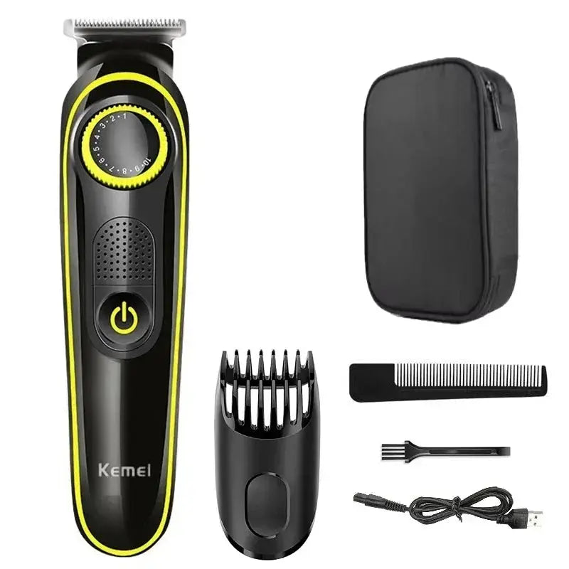 Kemei KM-696 hair clipper, 5-in-1 trimmer, black with yellow trim; includes 4 accessories: case, comb, brush, USB cable