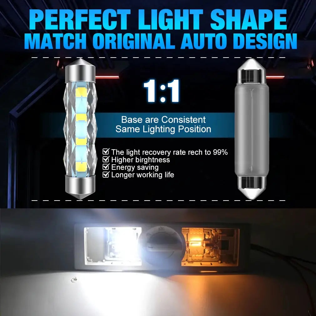 XSTORM C5W LED dome light bulbs (2) for car interior; crystal-cut lens with silver canbus housing by Simples Market
