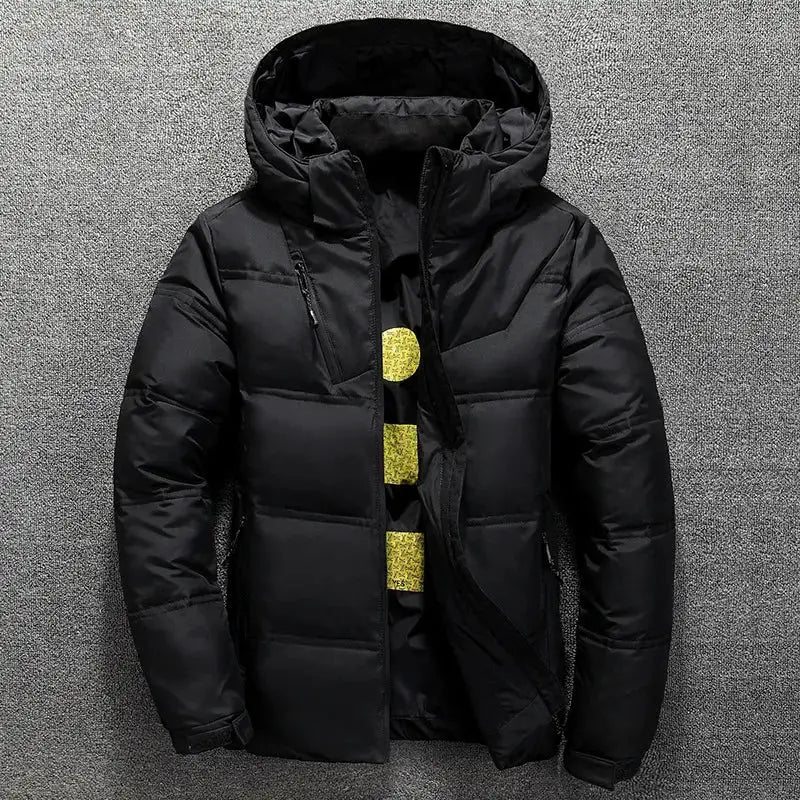 Men's black puffer jacket with hood and stand collar, insulated winter coat by Simples Market