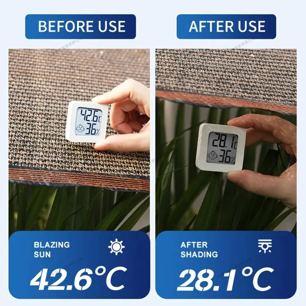 Garden shade cloth with grommets for patio; two-panel before/after test shows temp drop from 42.6°C to 28.1°C.