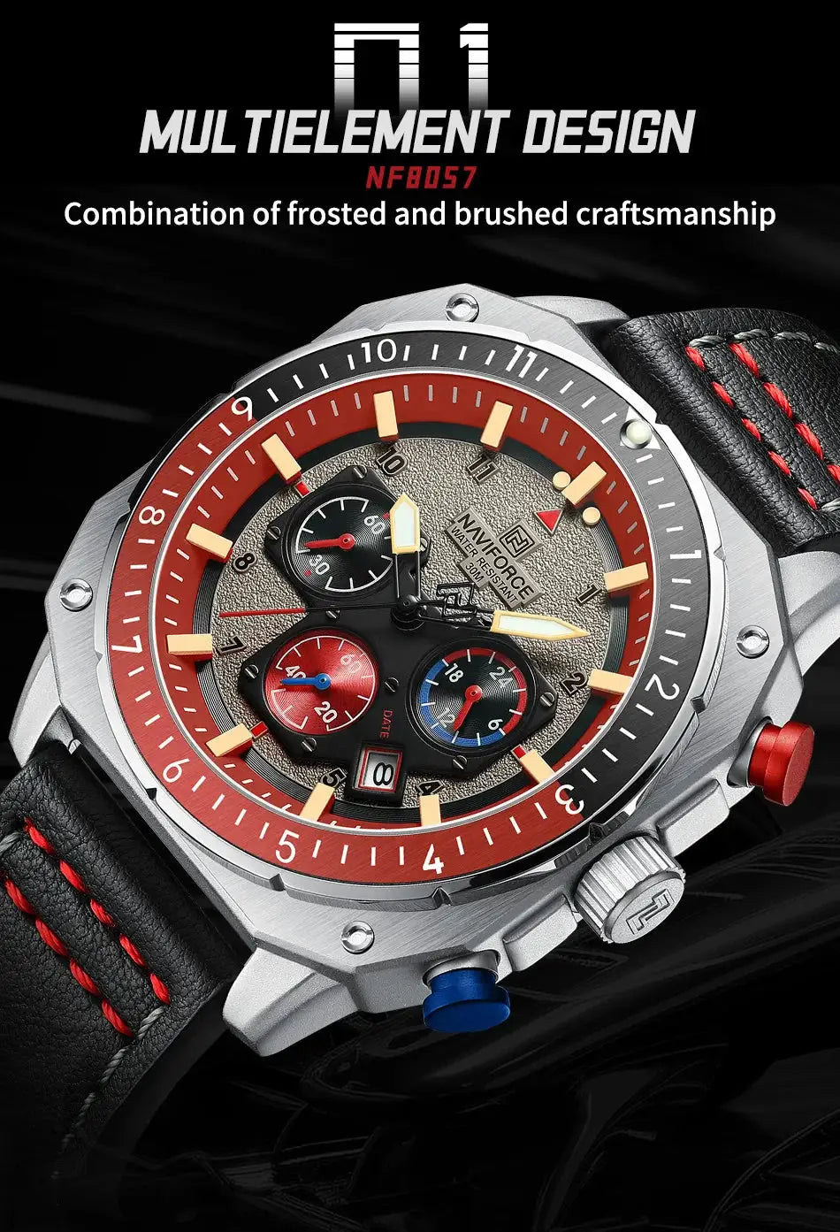 Naviforce men's sports watch with red bezel, black dial, gold indices, and leather strap