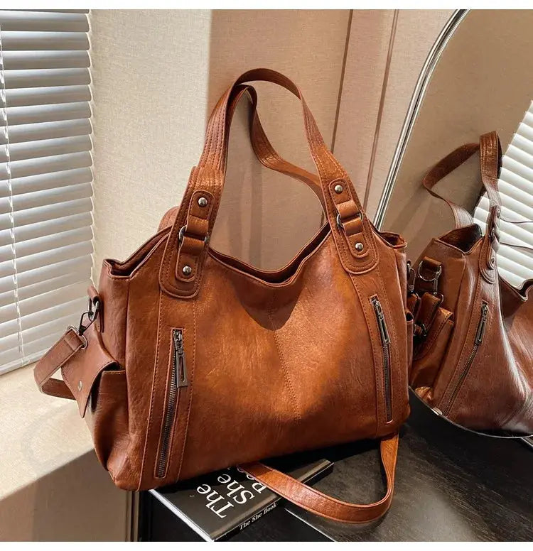 Shoulder bag brown PU leather with dual handles and front zip pockets