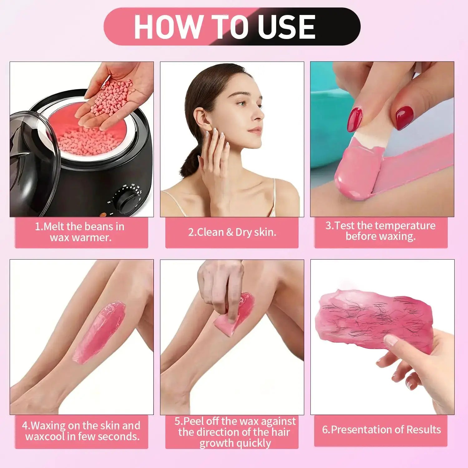 Simples Market wax beads hard wax remover; pink beads in warmer with 6-step guide for body, face and bikini waxing.