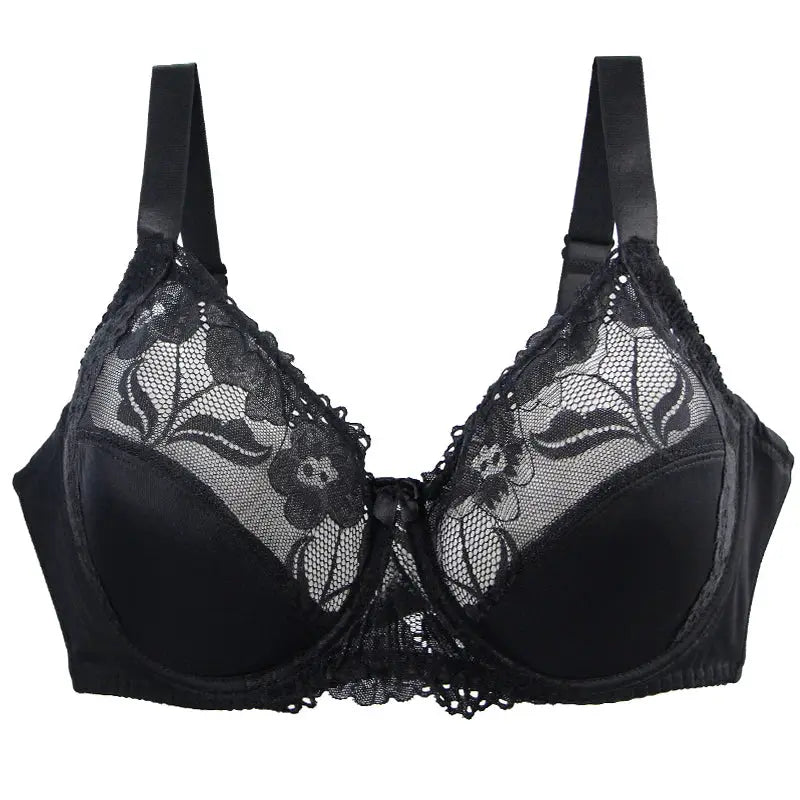 Black lace underwire bra with adjustable straps and sheer floral lace cups
