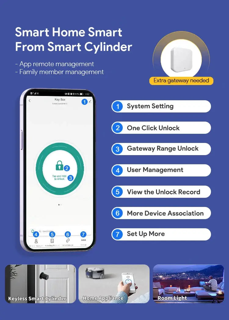 V1 Pro+ Smart Door Lock by Simples Market, white cylindrical lock with fingerprint, password, RFID, and Tuya/TTLock app
