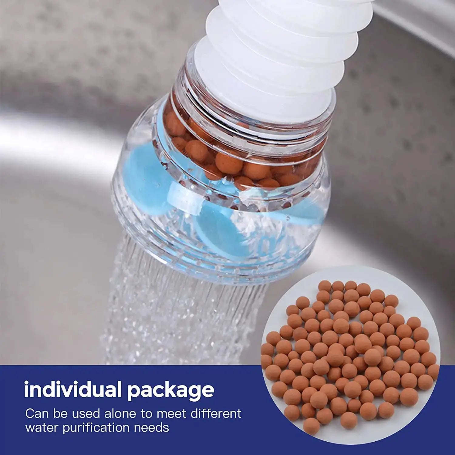 Shower head filter beads in clear housing with brown ceramic mineral balls