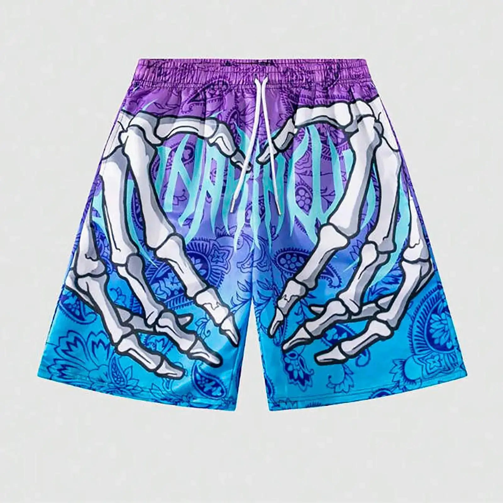 Simples Market men's board shorts with 3D hand skeleton print, purple-to-blue gradient, elastic waistband.