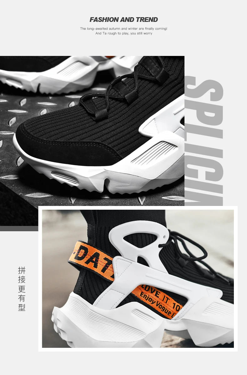 Men's breathable sneakers with black knit upper and white chunky sole.