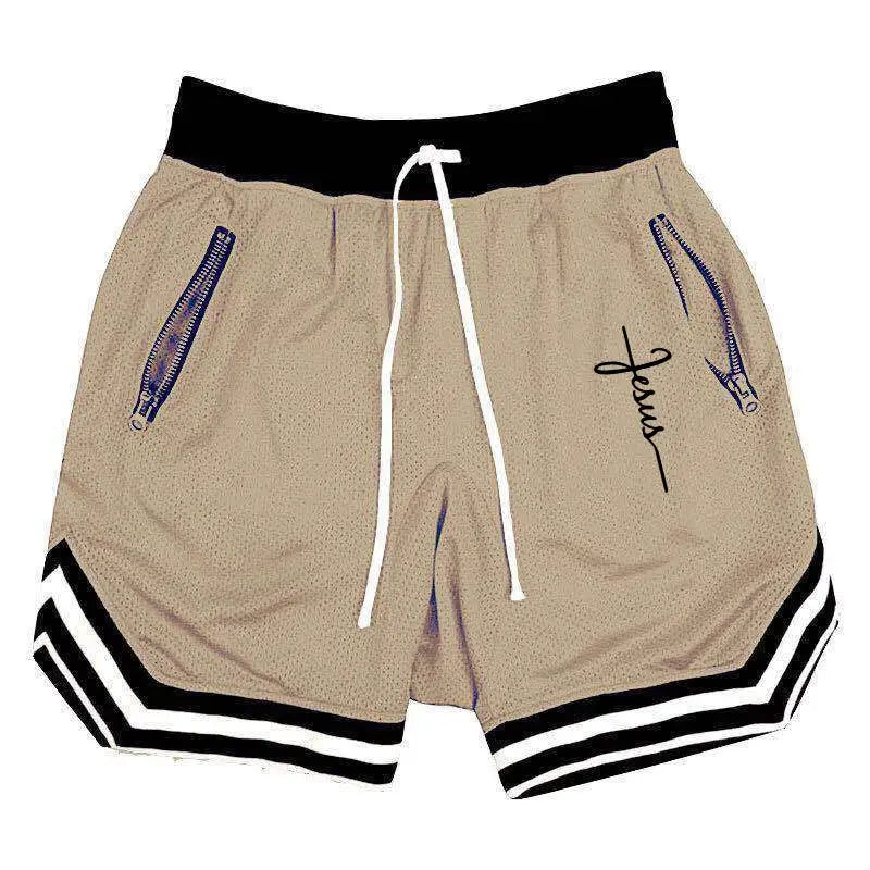 Men's beige basketball shorts with black waistband, white drawcord, blue zip pockets, and black‑and‑white striped hems