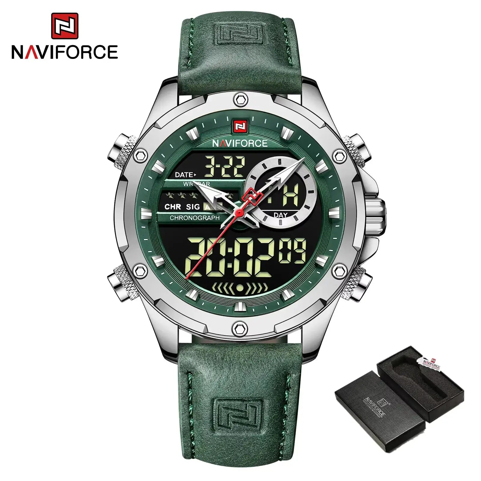 Naviforce luxury men's chronograph watch with green leather strap and digital-analog display