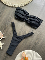 Black micro bikini set with ruched bandeau top and high-leg bottoms, Simples Market