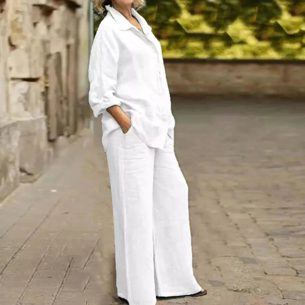 Cotton Linen Shirt Two Piece Set For Women With Wide Leg Trousers
