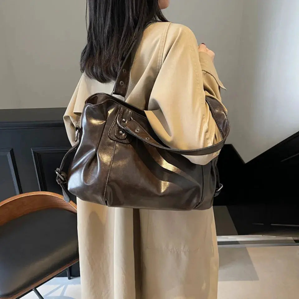 Roomy retro brown PU leather shoulder bag with top handles and crossbody strap