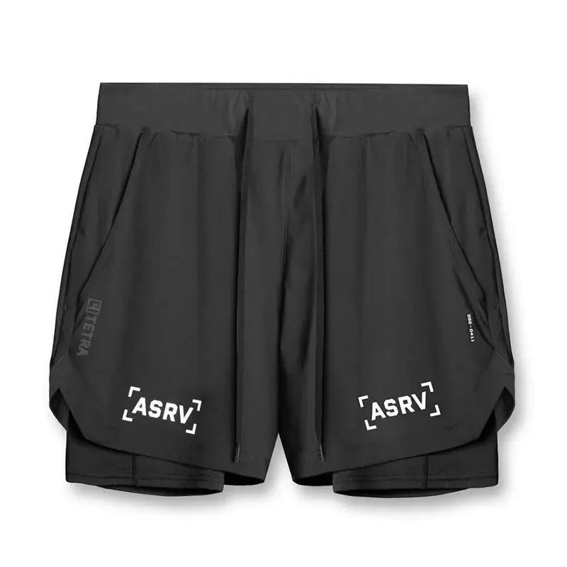 ASRV men's quick-dry 2-in-1 double-deck shorts in black with white ASRV logos