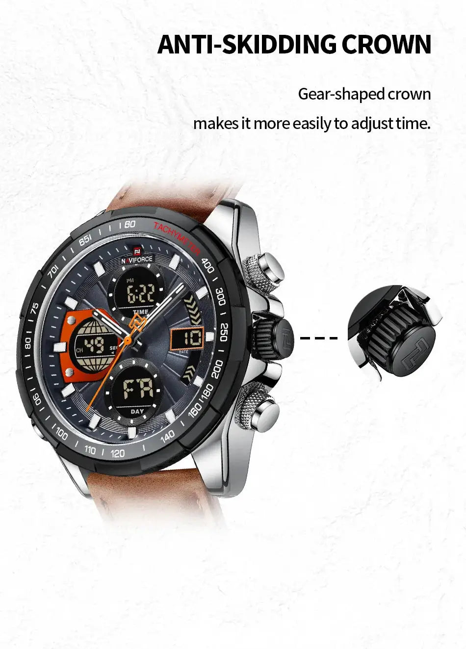 NAVIFORCE sport men's watch with dual display, luminous, leather strap, tachymeter bezel, water resistant