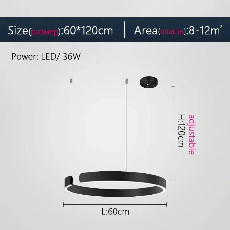 Nordic ring LED pendant lamp in black and gold, 60cm diameter, adjustable height 120cm, dimmable