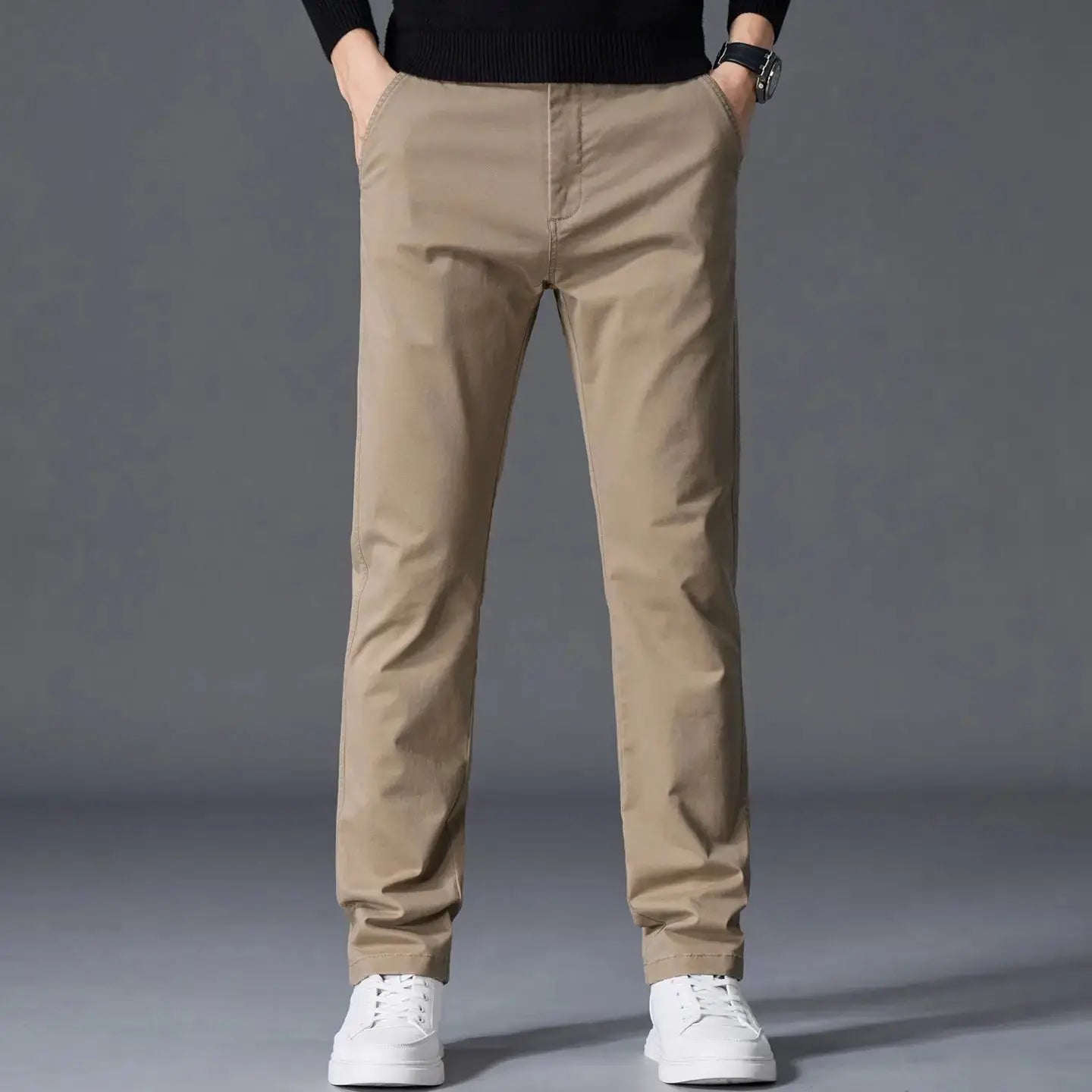 Men's khaki cotton pants, classic straight-leg casual business trousers