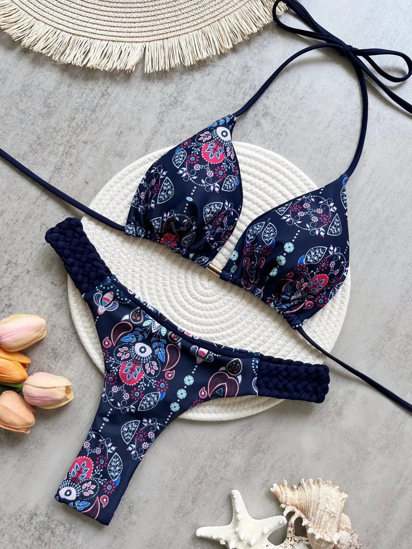 RUOTONSEPT navy floral halter bikini top with matching high-cut bikini bottoms, two-piece swimsuit by Simples Market