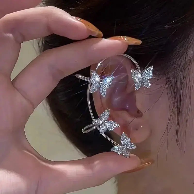 Simples Market silver-plated leaf butterfly ear cuff clip earrings with zircon accents, non-pierced, set of four