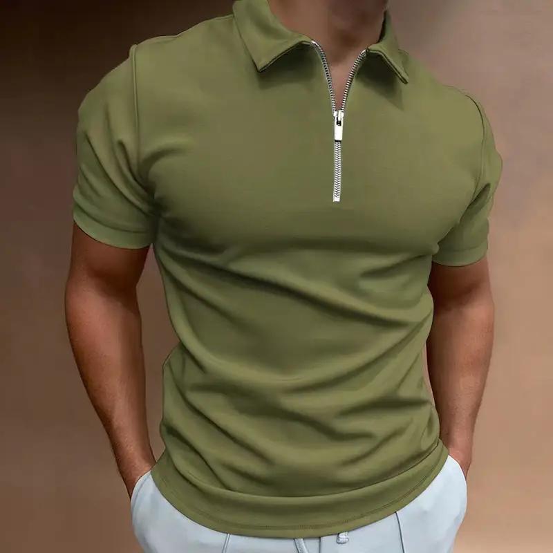 Men's olive green zip-front polo shirt with short sleeves