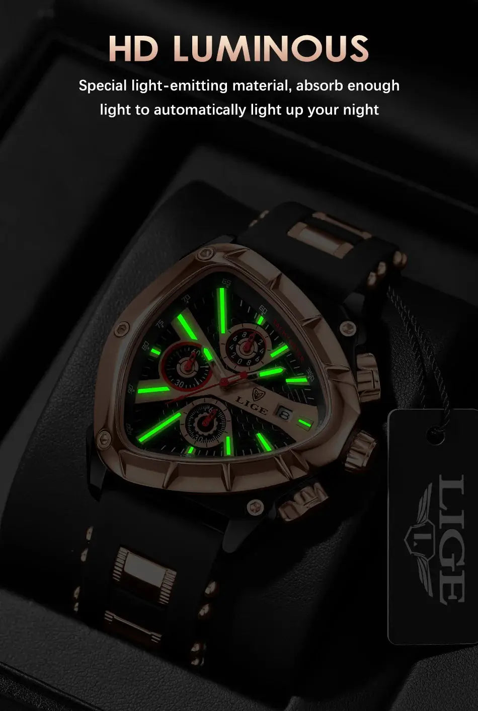 LIGE original luxury men's watch with rose-gold case, black strap, and green luminous hands.