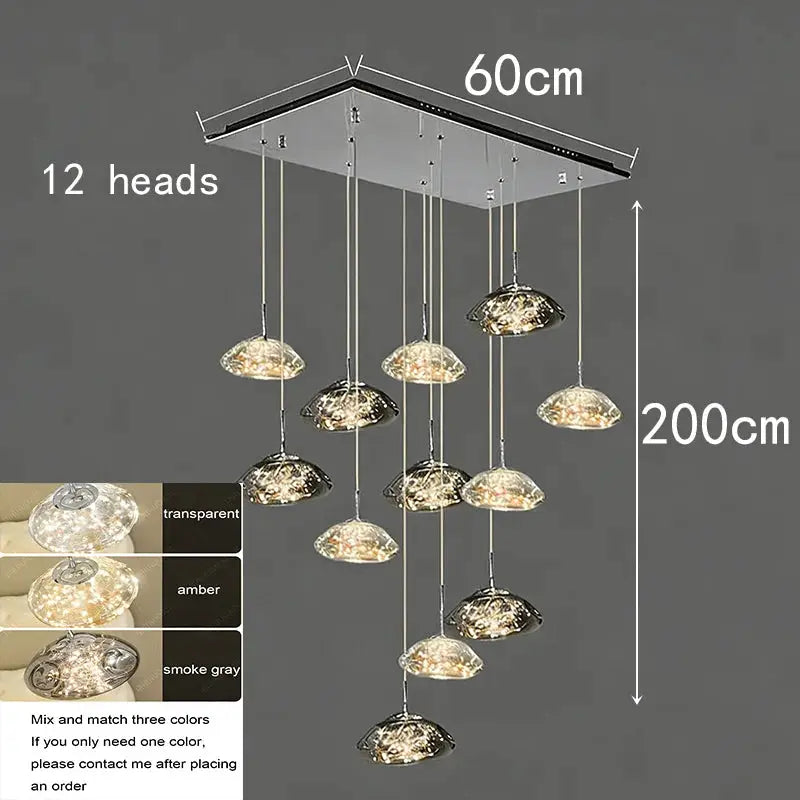12-heads modern pendant light with glass domes, 60cm wide, 200cm drop; color options transparent, amber, smoke gray.
