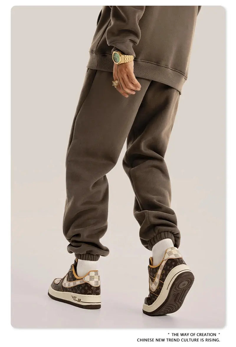 Simples Market ZODF Trendy fleece sweatpants for men, brown 345gsm, unisex joggers with cuffed ankles