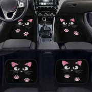 Car floor mats set (4pcs) by Simples Market, black anti-skid mats with pink cat faces and paw prints