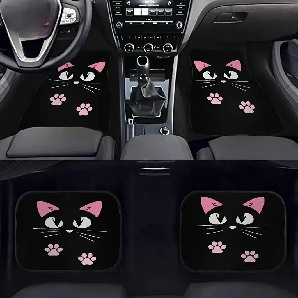 Car floor mats set (4pcs) by Simples Market, black anti-skid mats with pink cat faces and paw prints