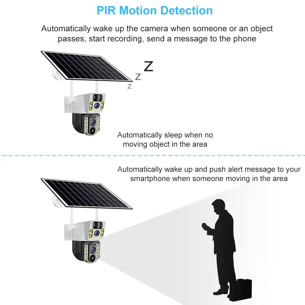 8MP 4K wireless solar CCTV camera with dual lens, outdoor IP WiFi, PIR night vision