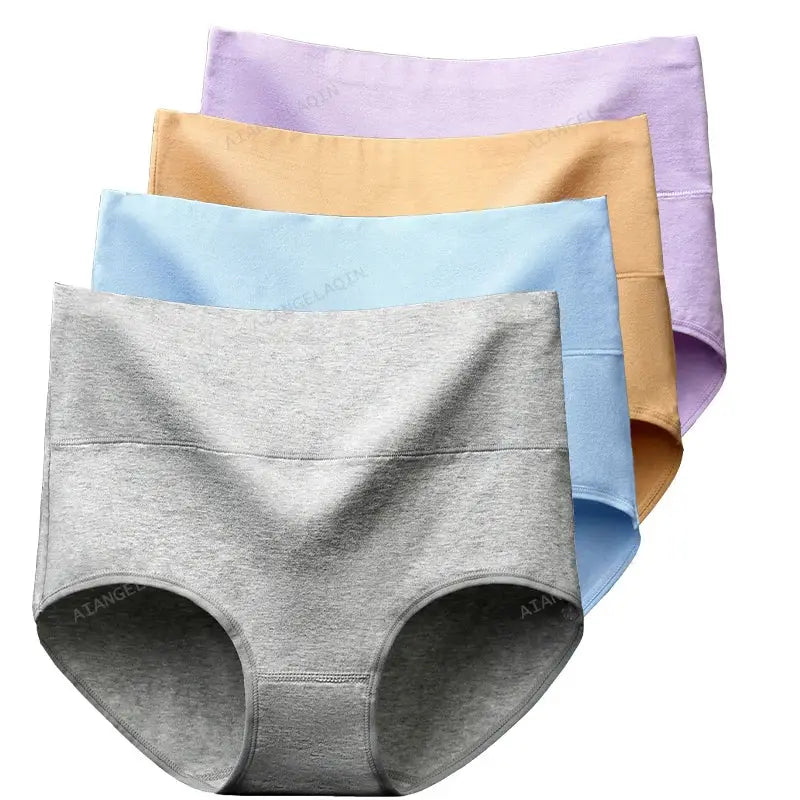 Five-pack high-waist cotton panties in gray, blue, peach, lavender, and purple.