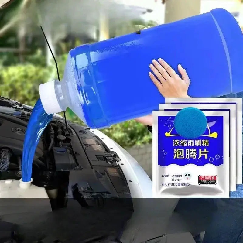Car windshield washer tablets kit with blue liquid bottle pouring into the reservoir beside sachets