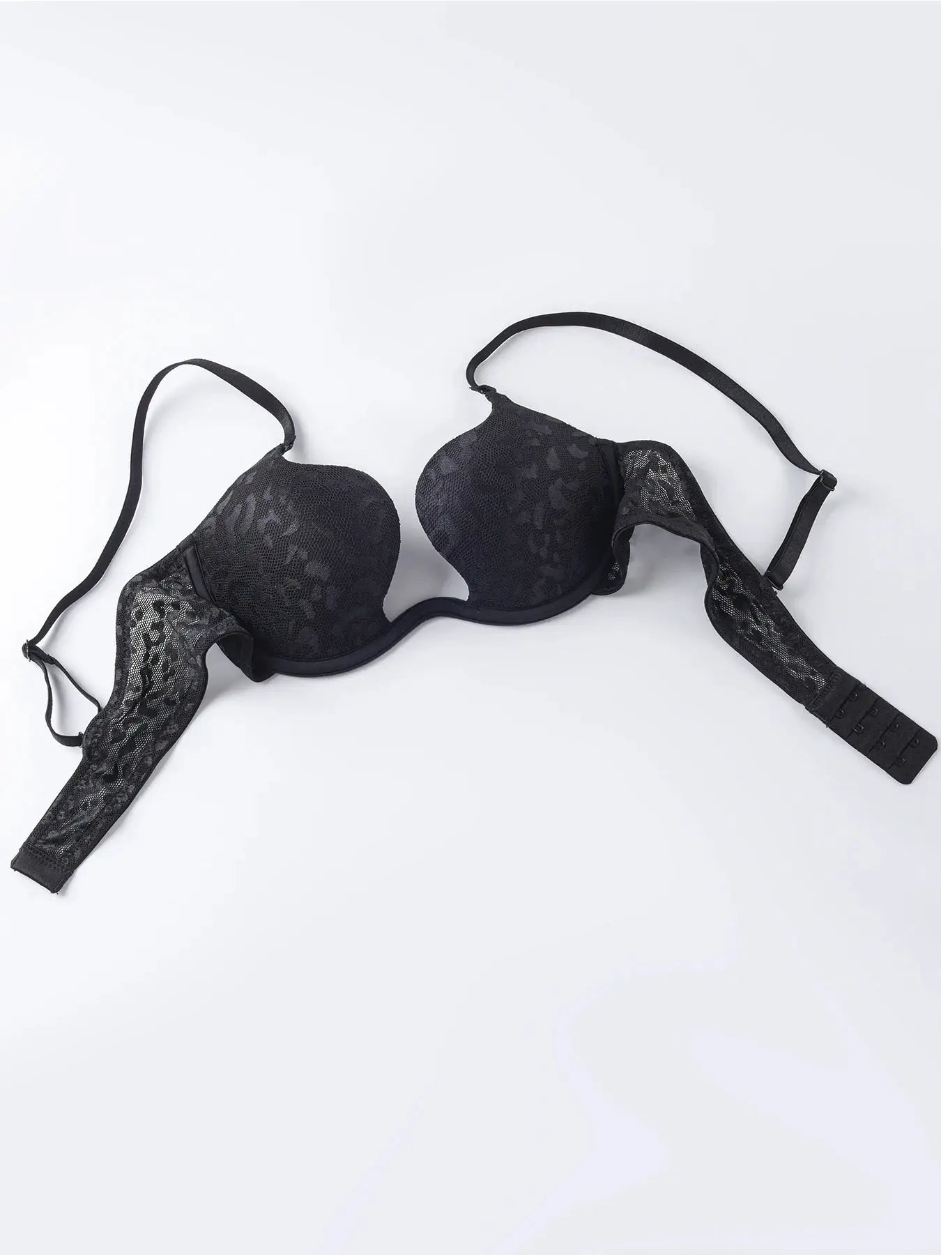 Solid black lace underwire push-up bra with padded cups and adjustable straps