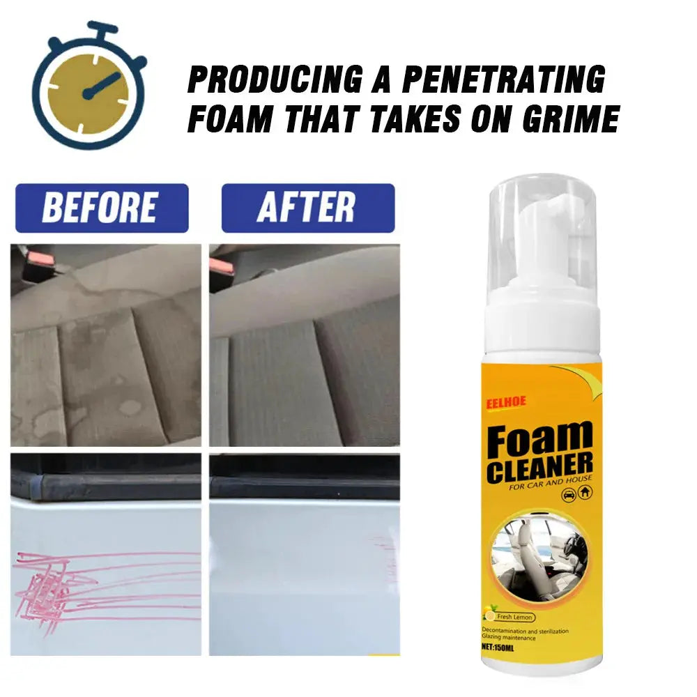Foam cleaner spray for car interior and leather; yellow-labeled bottle with before/after grime removal photos.