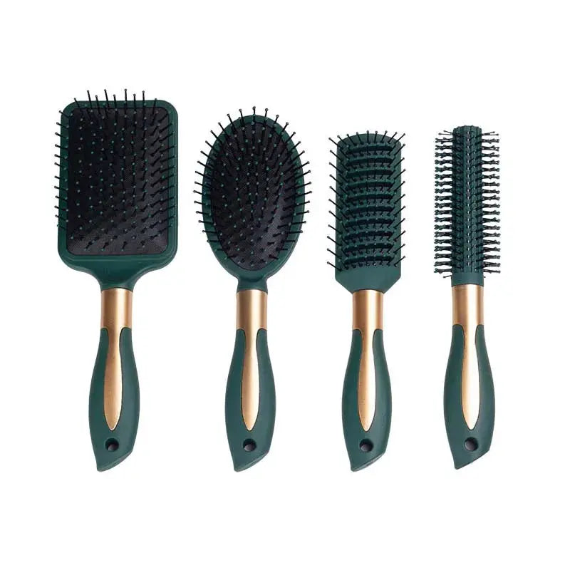 KLINA hair massage air cushion brush set by Simples Market; 4 green and gold brushes: paddle, oval, vent, round.