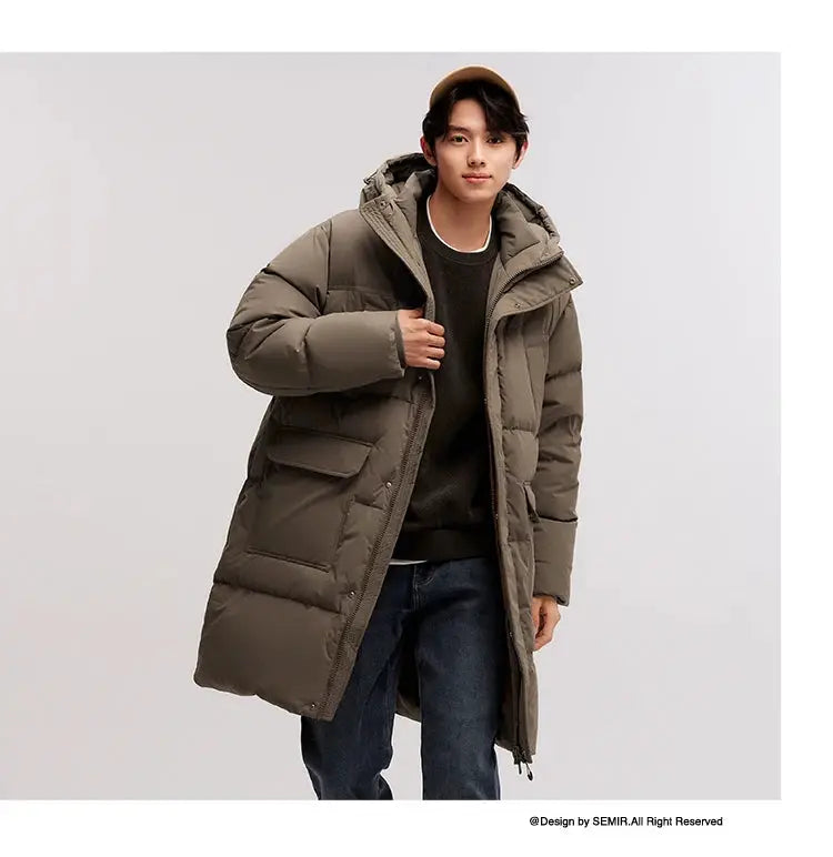 Semir men's long taupe puffer jacket, water-resistant down coat with hood and large front pockets.