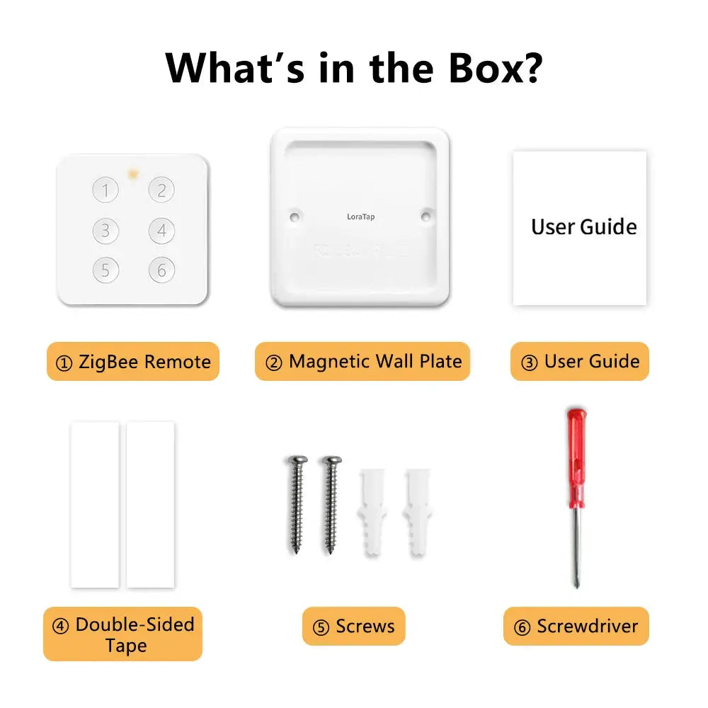 LoraTap ZigBee 3.0 six-button wireless remote kit with magnetic wall plate, screws, tape, screwdriver, and user guide