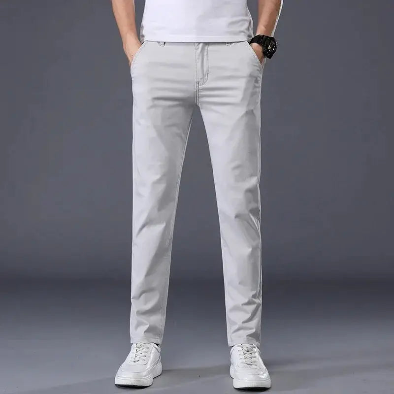 Simples Market men's cotton summer casual pants, light gray, elastic waist, straight slim fit long trousers