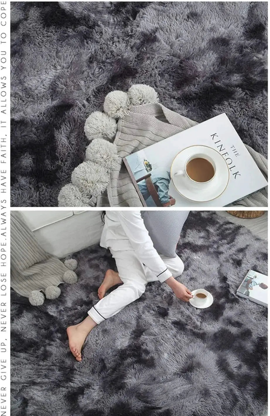VIKAMA Silk Wool Rug by Simples Market, large gray fluffy shag rug for living room or bedroom