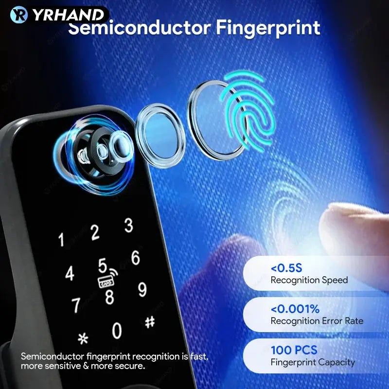 Fingerprint smart door lock by Simples Market, black waterproof unit with Tuya WiFi remote and Bluetooth TTLock app