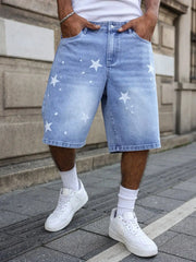 Men's blue denim shorts with white star prints on the legs for casual spring and summer.